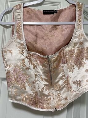PrettyLittleThing Satin Floral Corset Top in Champagne and Pink
